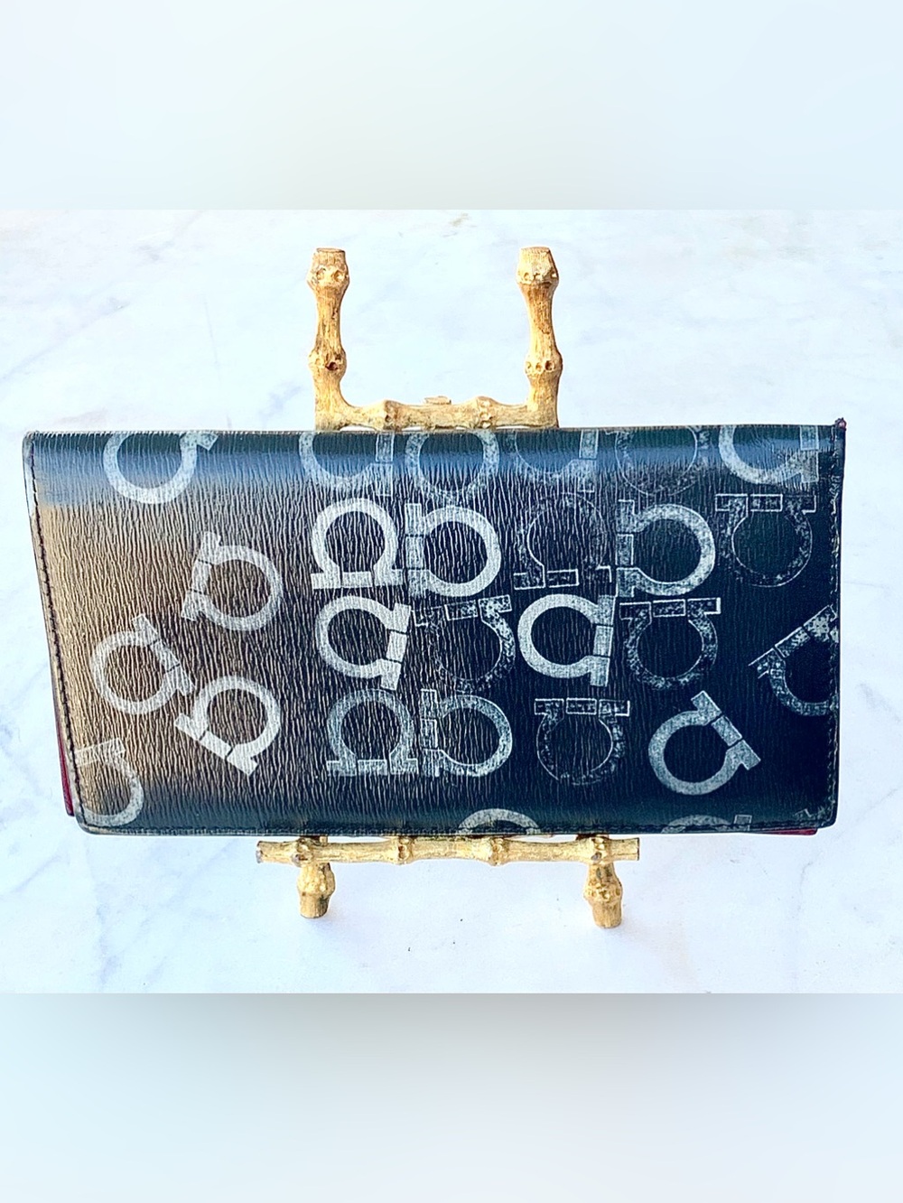 SALVATORE FERRAGAMO Black SILVER GANCINI Logo Print LONG Wallet MENS RED